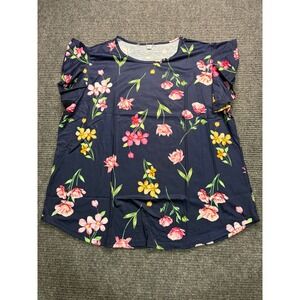 Women Floral Flutter Sleeve Top Shirt Navy Blue Pink Yellow Casual Crew Neck XXL